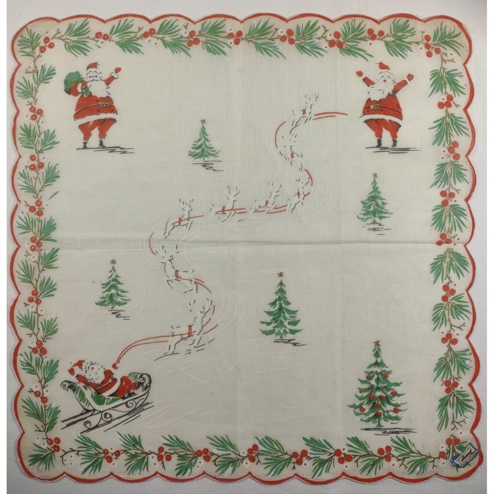 Vintage Burmel Christmas Hankie Santa Sleigh Reindeer Scalloped Edge 14.5x14.5